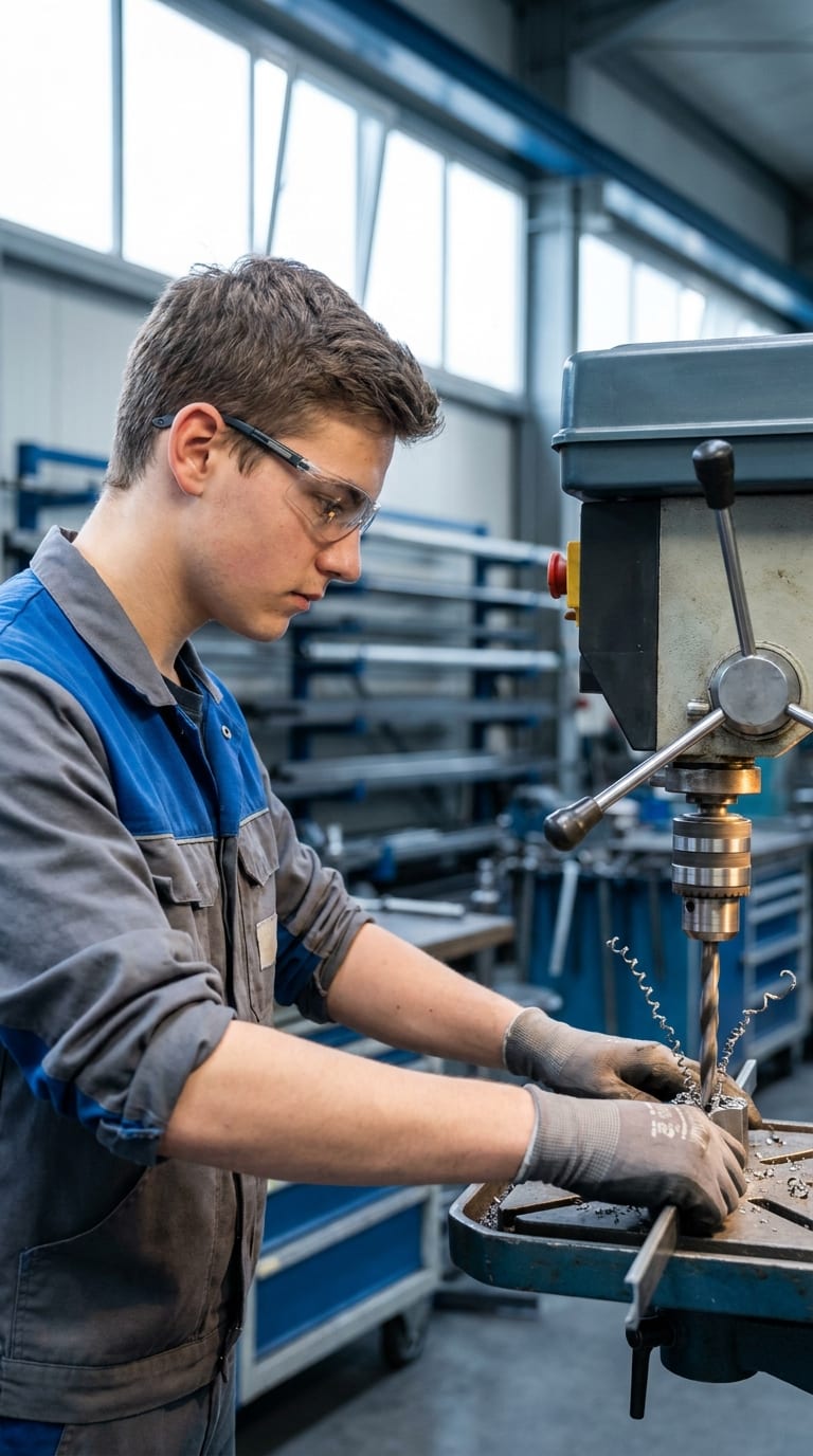 Ein Lehrling mit Schutzbrille und Handschuhen bohrt ein Metallstück an einer Säulenbohrmaschine.