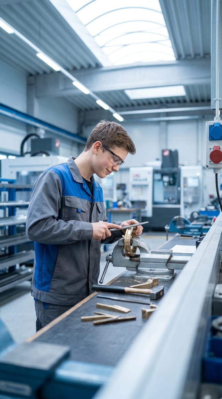 Ein Lehrling bearbeitet mit einer Feile ein eingespanntes Metallstück an einer Werkbank.