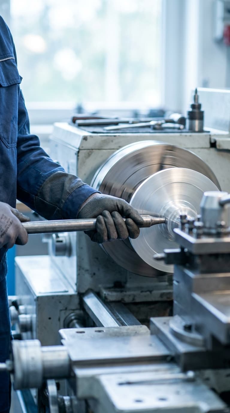 Ein Zerspanungsmechaniker bearbeitet ein rotierendes Werkstück an einer Drehmaschine.