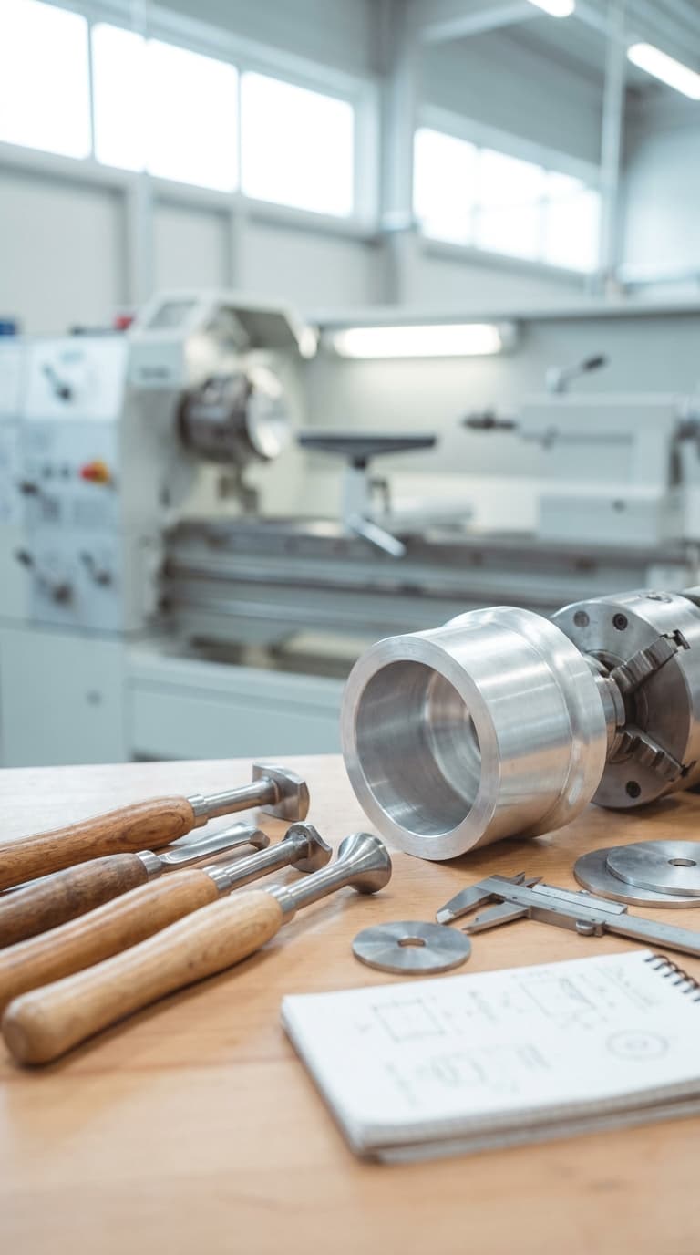 Drehwerkzeuge, ein Messschieber und ein Werkstück auf einer Werkbank vor einer Drehmaschine in einer Werkstatt.