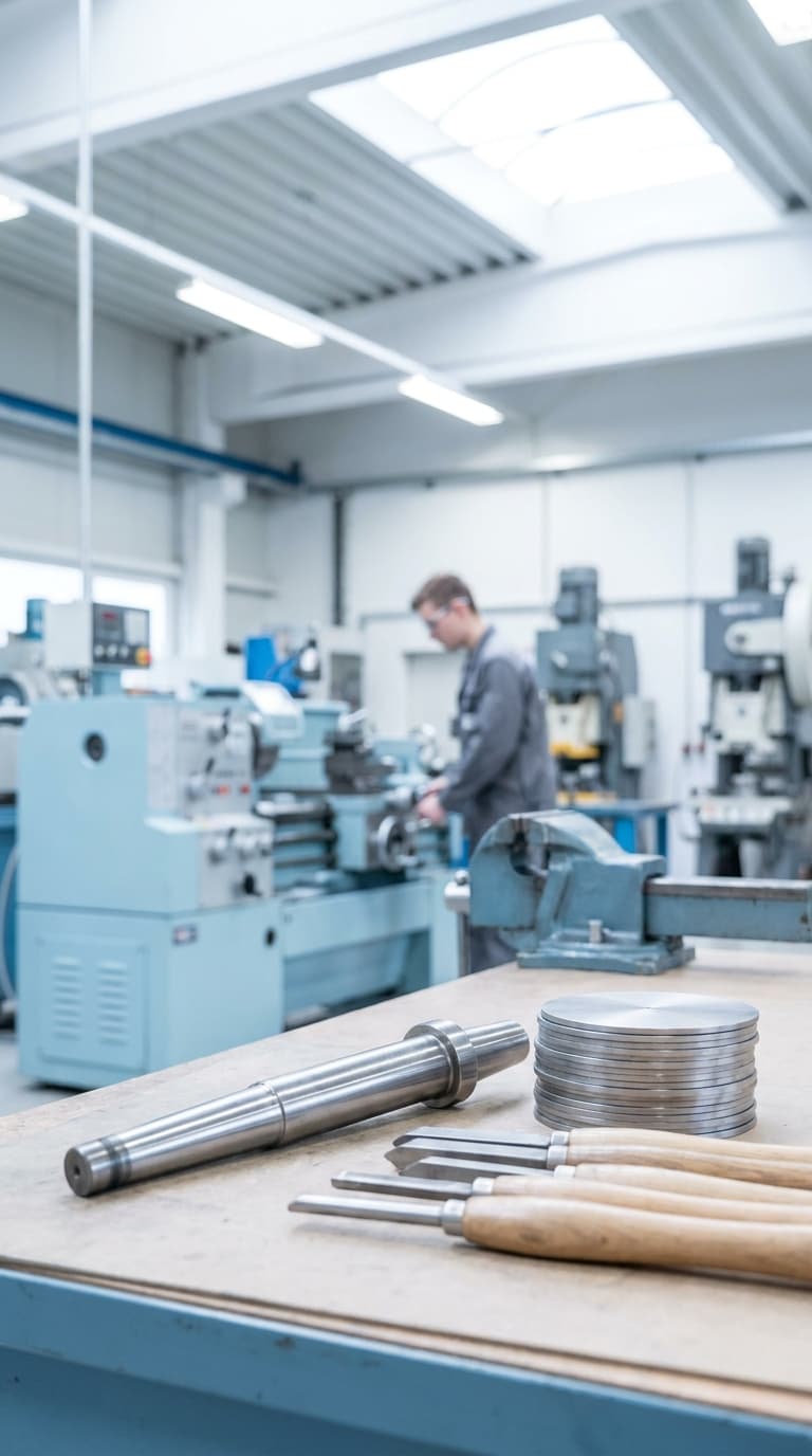 Metallbauteile und Werkzeuge auf einer Werkbank, im Hintergrund arbeitet ein Mann an einer Drehmaschine.