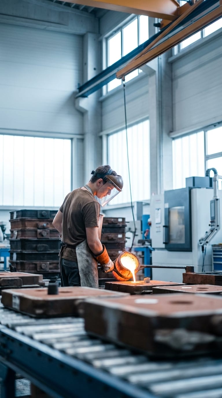 Ein Metallgießer mit Schutzvisier gießt in einer Fabrikhalle glühendes Metall aus einem Tiegel in eine Form.