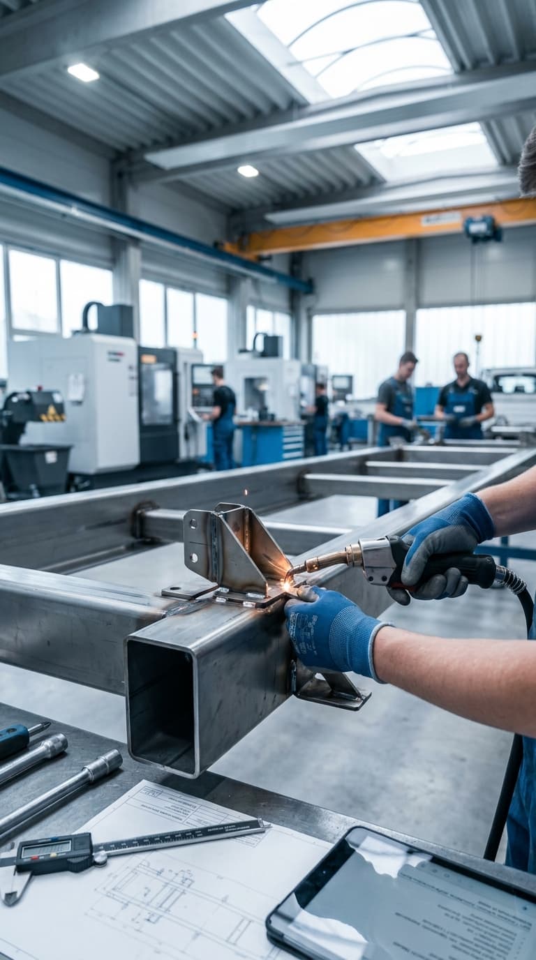 Ein Metallbauer schweißt eine Halterung an einen Rahmen, im Vordergrund liegen Konstruktionspläne und Werkzeuge.