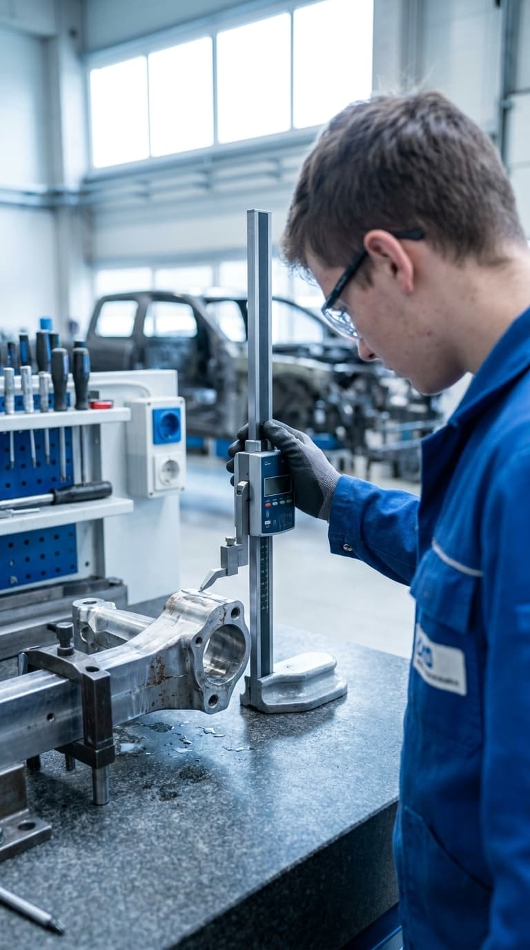 Ein Lehrling misst ein Metallbauteil mit einem digitalen Höhenmessgerät in einer Werkstatt.
