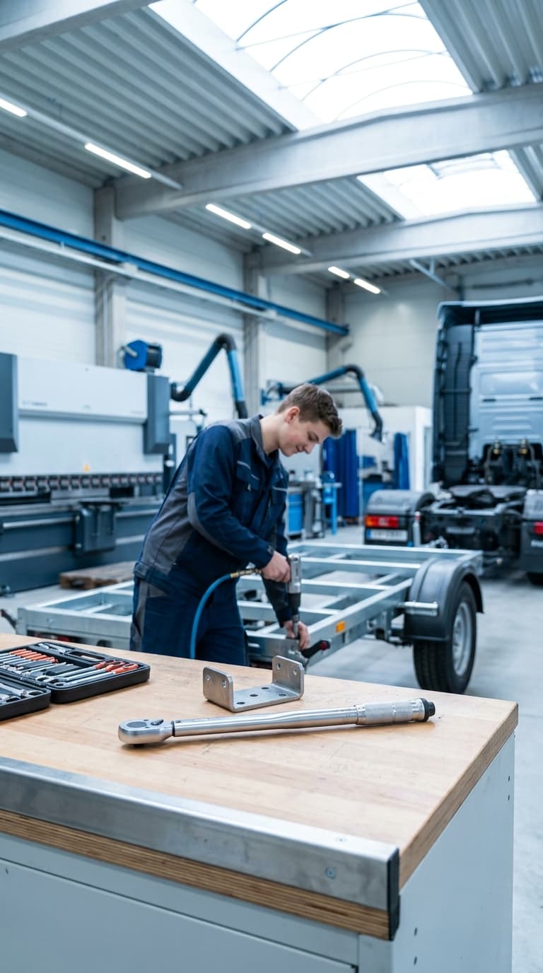 Ein Lehrling arbeitet mit einem Druckluftschrauber an einem Anhängerfahrgestell in einer Werkstatt.