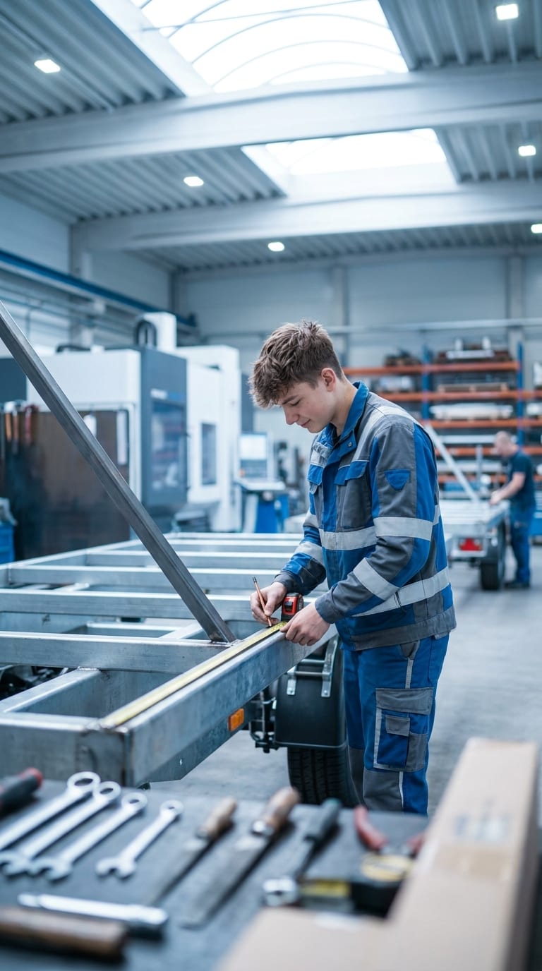 Ein junger Metallbauer misst mit einem Maßband ein Metallgestell in einer Werkstatt aus.