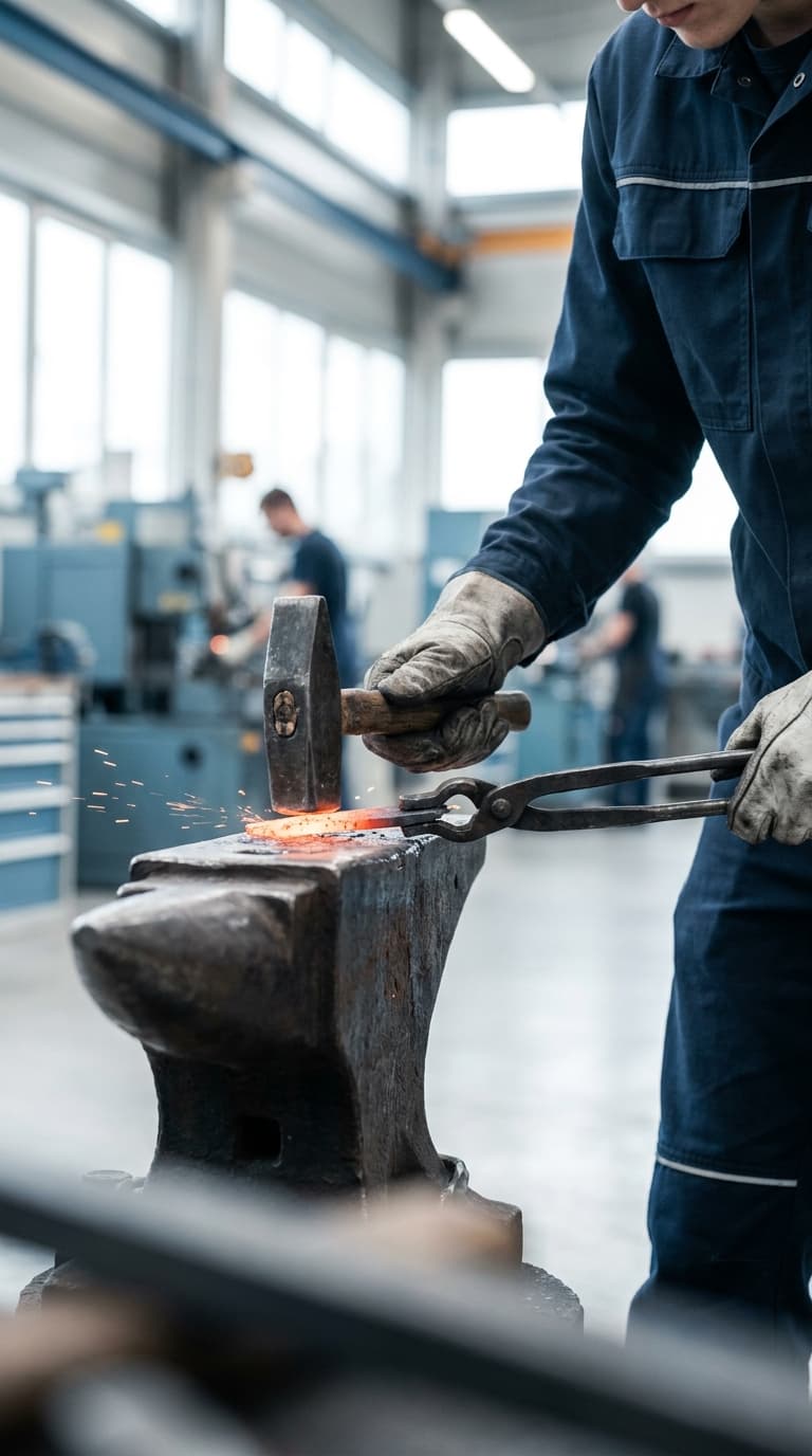 Ein Handwerker schmiedet mit einem Hammer glühendes Metall auf einem Amboss, während Funken sprühen.