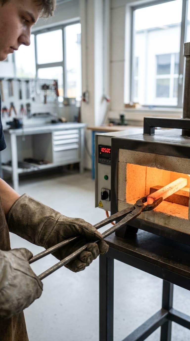 Ein Schmiedelehrling entnimmt mit einer Zange ein glühendes Metallstück aus einem Ofen in der Werkstatt.