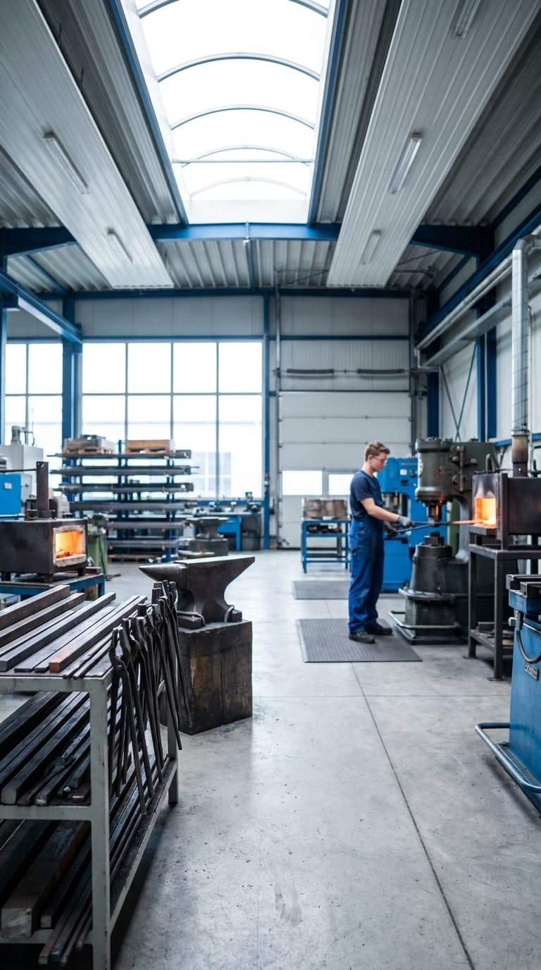 Ein Metallbauer erhitzt ein Werkstück am Ofen einer großen Werkstatt mit einem Amboss im Vordergrund.