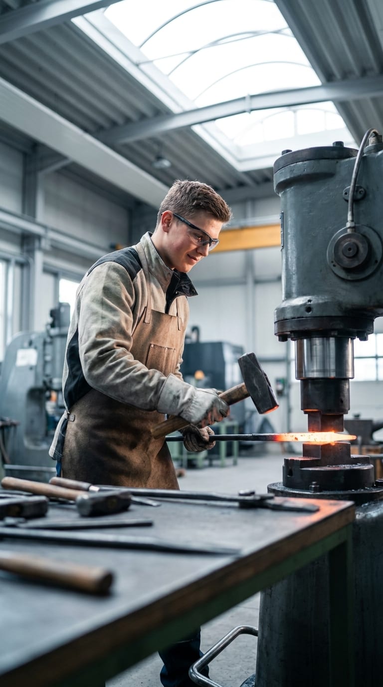 Ein Schmied bearbeitet ein glühendes Metallstück mit Hammer und Zange an einer Maschine in einer Werkstatt.