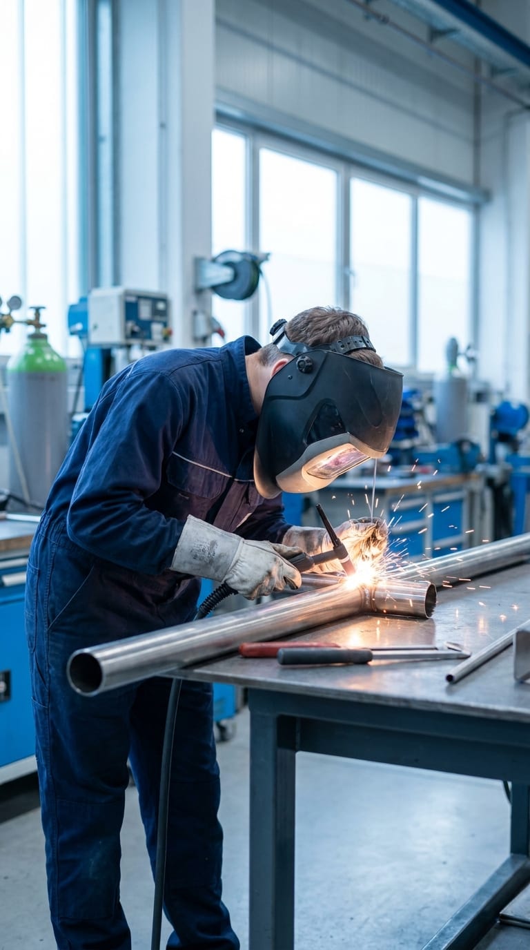 Eine Fachkraft mit Schweißmaske schweißt an einem Arbeitstisch in einer Werkstatt Metallrohre zusammen.