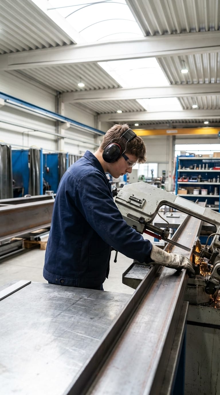 Ein Metallbauer mit Gehörschutz sägt mit einer Bandsäge einen Stahlträger in einer Werkstatt.