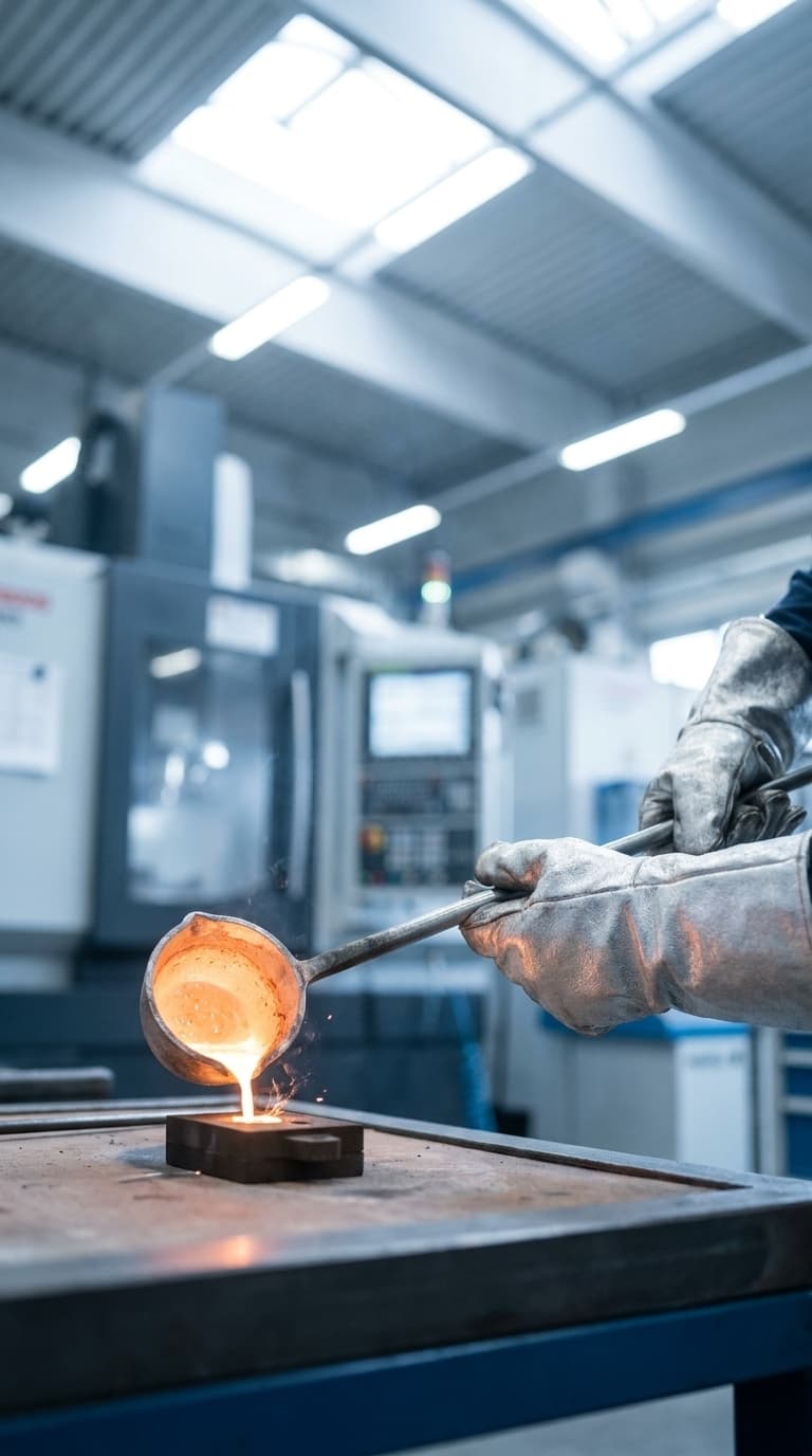 Eine Person in Schutzhandschuhen gießt glühendes Metall aus einer Gießkelle in eine Form.
