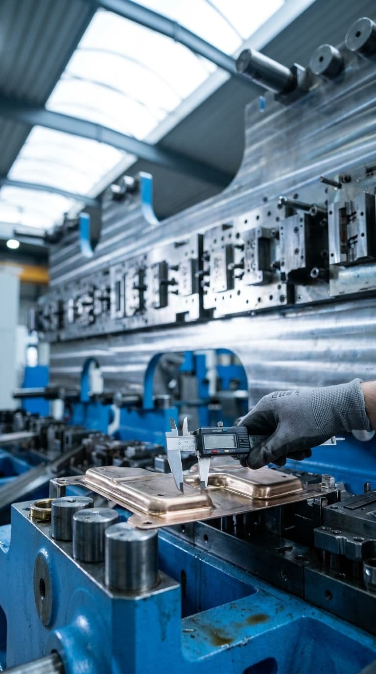 Eine Hand mit Handschuh vermisst mit einem digitalen Messschieber ein Werkstück in einer Fabrik.