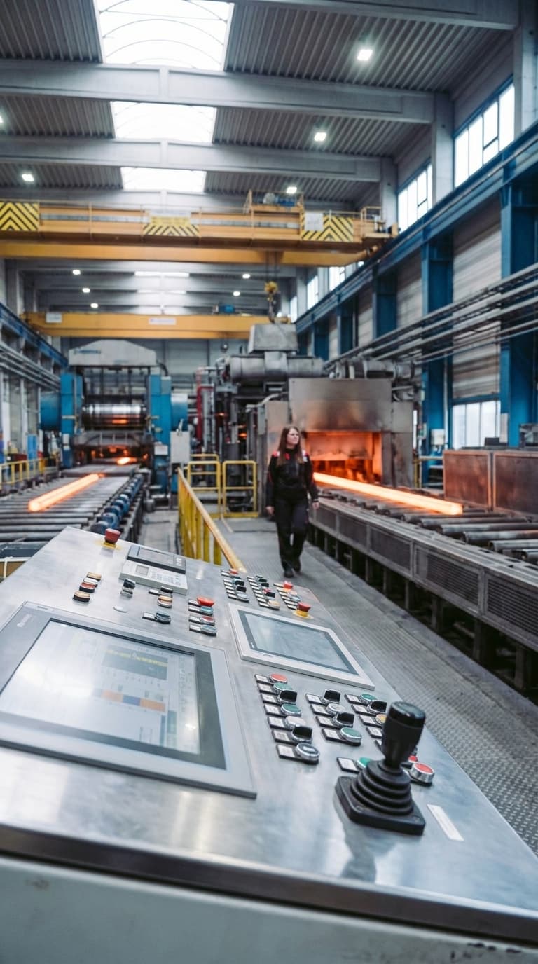 Arbeiterin geht durch ein Stahlwerk an glühendem Metall vorbei, im Vordergrund ein Bedienpult mit Bildschirmen.