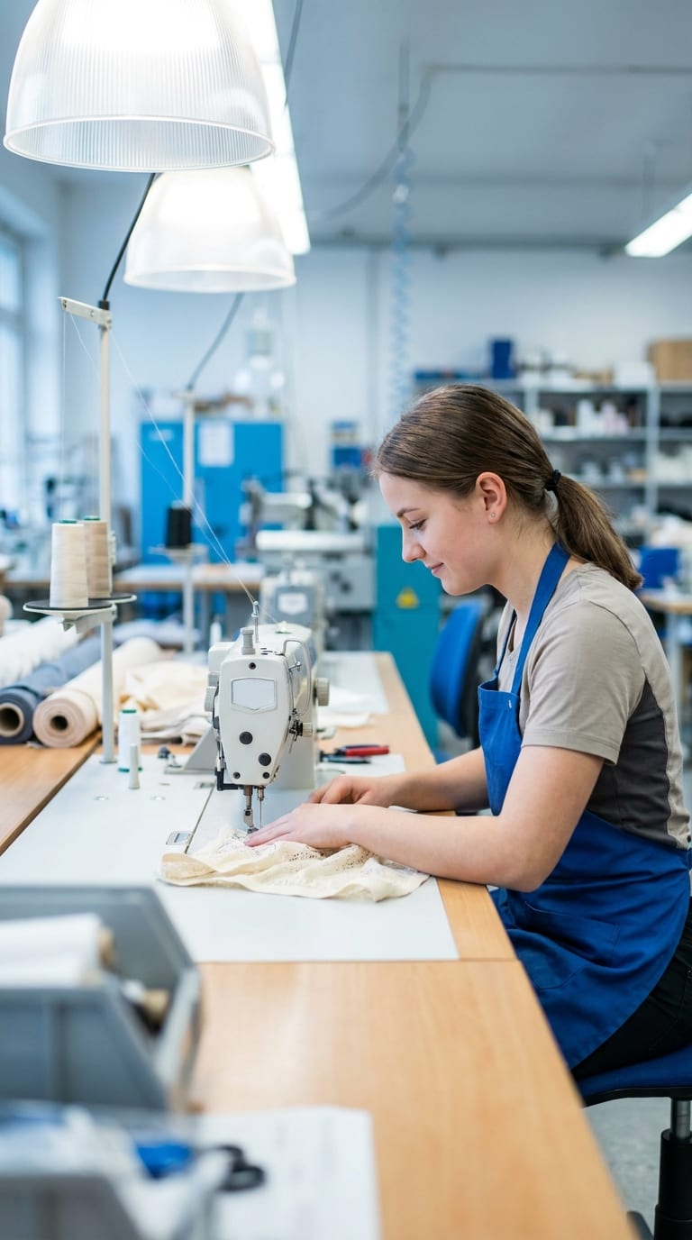Eine Schneiderin näht hellen Spitzenstoff an einer Nähmaschine in einer Werkstatt.