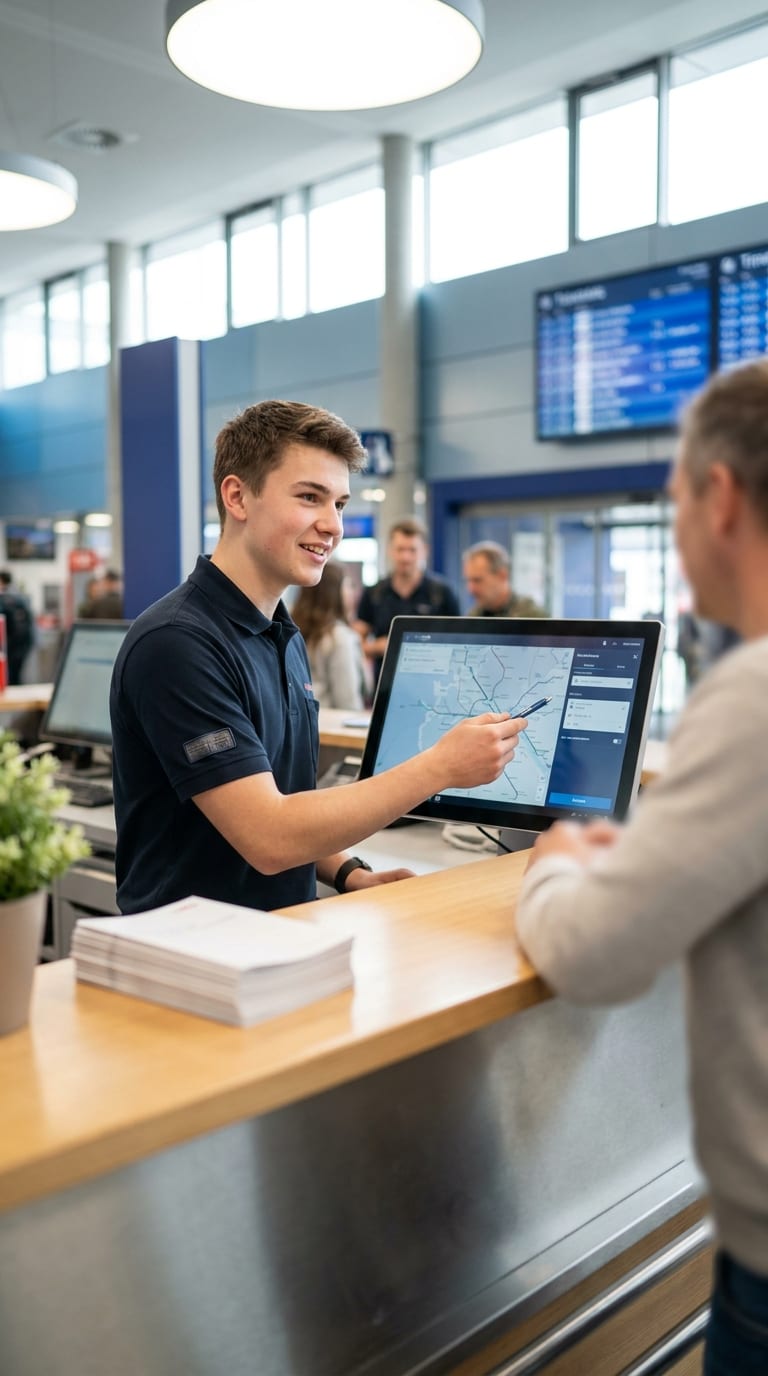Ein junger Mitarbeiter am Servicepoint berät einen Kunden und zeigt mit einem Stift auf einen Bildschirm.