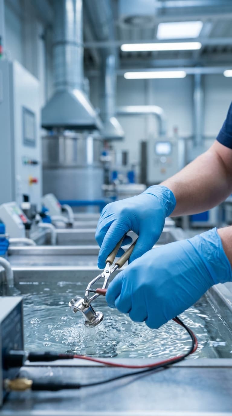 Eine Person mit blauen Handschuhen hält ein Metallteil mit einer Zange in ein sprudelndes Galvanikbad.