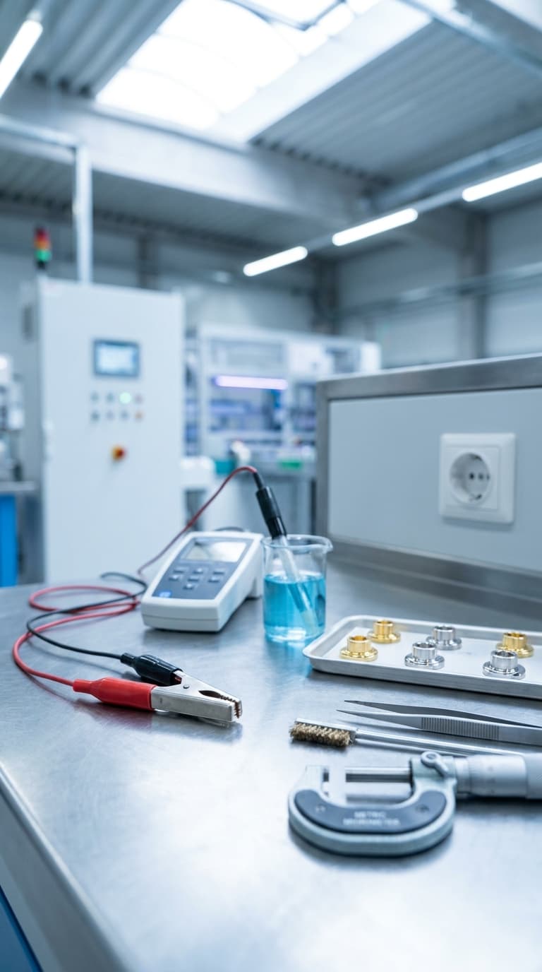 Auf einem Laborarbeitstisch liegen ein Messgerät im Becherglas, eine Bügelmessschraube, Pinzette und kleine Metallteile.