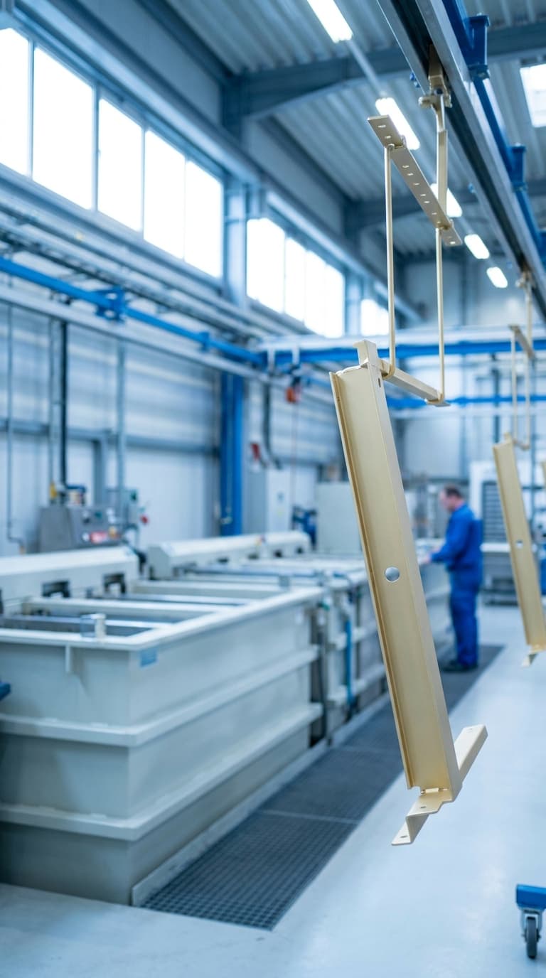 Ein Arbeiter an Tauchbecken in einer Fabrikhalle, im Vordergrund hängen lackierte Bauteile an einer Schiene.
