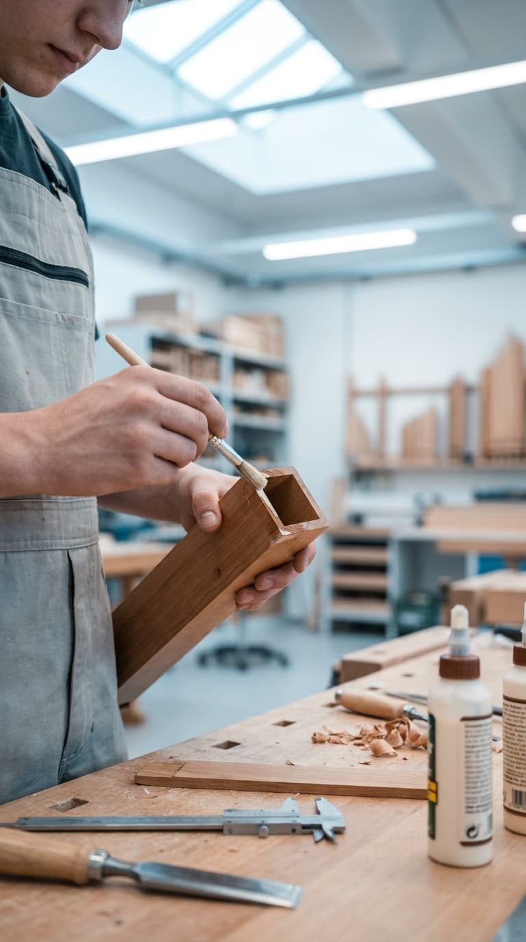 Ein Tischlerlehrling trägt in einer Werkstatt mit einem Pinsel Leim auf ein Holzwerkstück auf.
