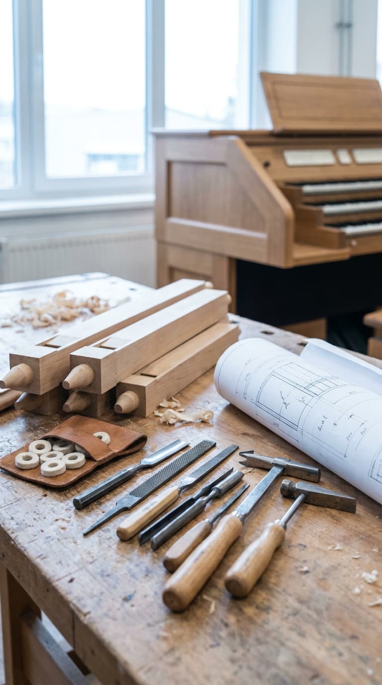 Werkzeuge, Zeichnungen und hölzerne Orgelpfeifen auf einer Werkbank vor einer Orgel in einer Orgelbauwerkstatt.