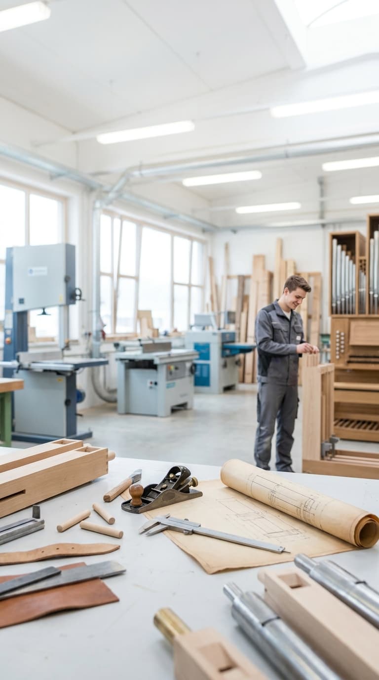 Orgelbauer arbeitet in einer Werkstatt; auf einer Werkbank im Vordergrund liegen Messschieber, Hobel und ein Bauplan.