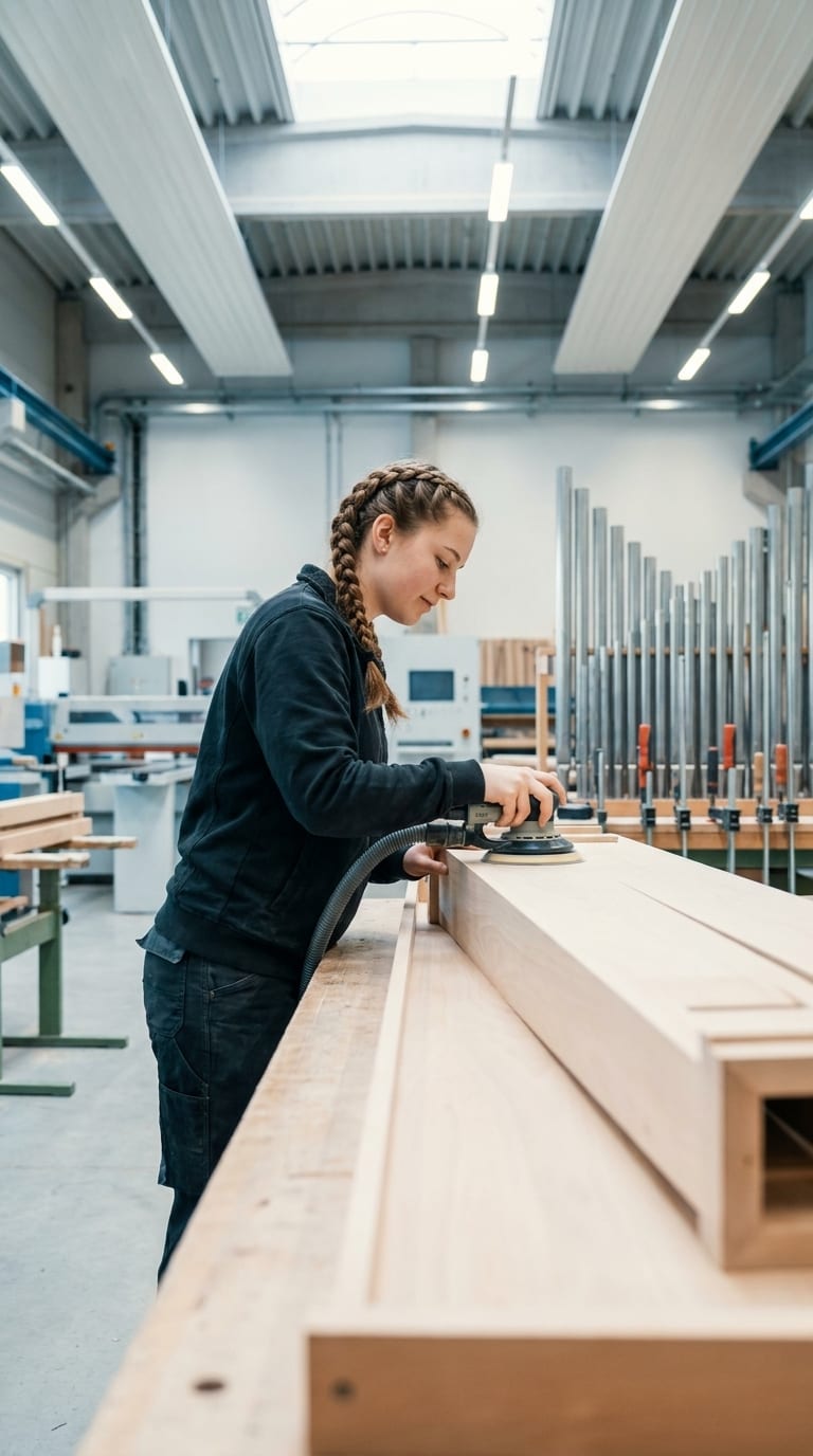 Eine Tischlerin schleift ein großes Holzbauteil mit einer Schleifmaschine in einer Werkstatt.