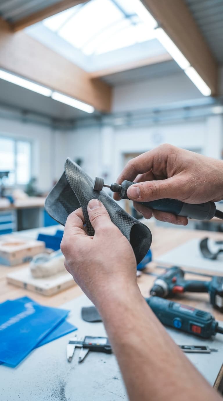 Orthopädietechniker schleift ein Carbon-Bauteil mit einem rotierenden Werkzeug in einer Werkstatt.