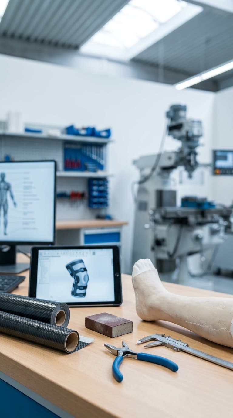 Werkzeuge wie ein Gipsfuß, Messschieber, Kohlefaser und ein Tablet auf einem Tisch in einer Orthopädiewerkstatt.