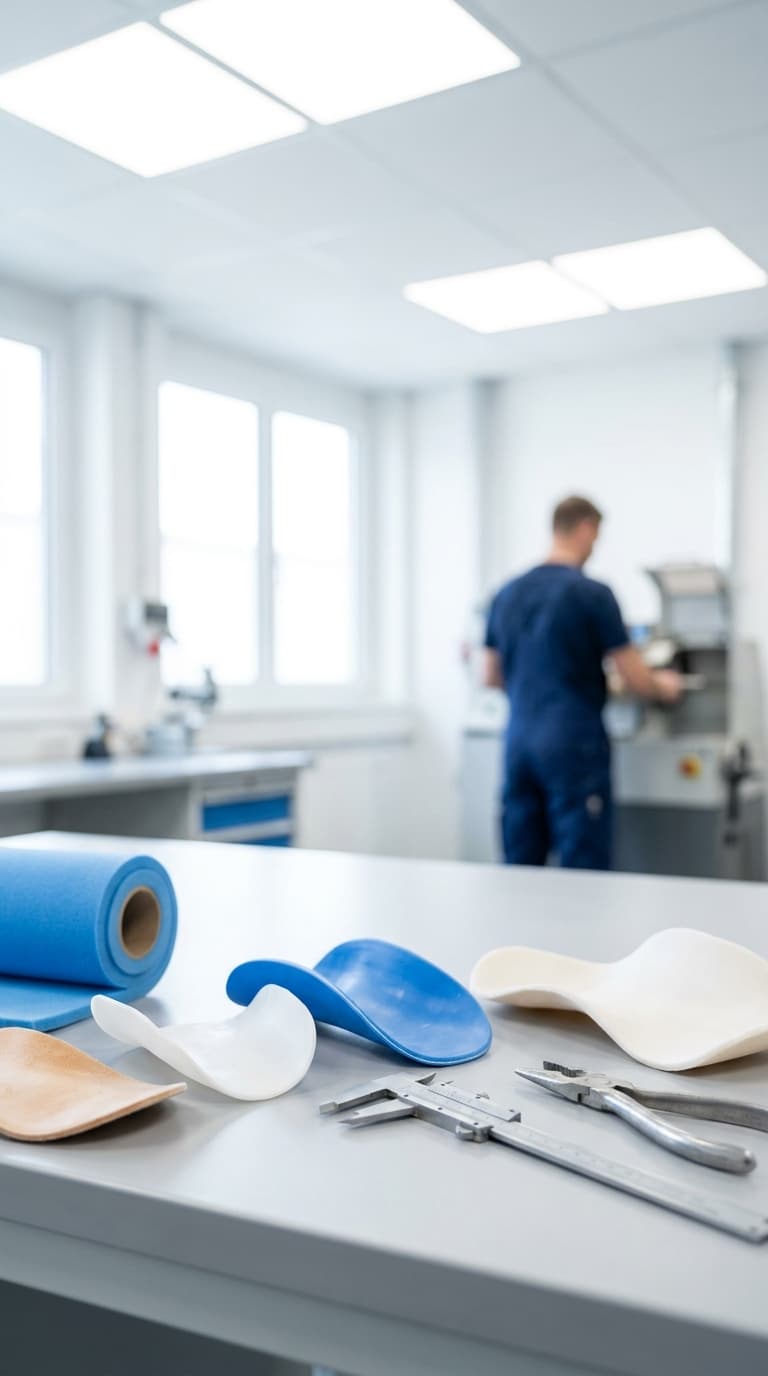 Orthopädische Einlagen und Werkzeuge auf einem Tisch, im Hintergrund arbeitet ein Orthopädietechniker an einer Maschine.