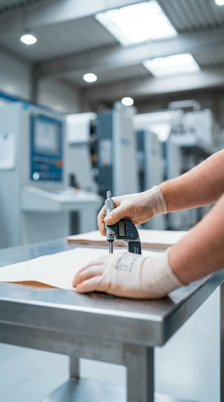 Eine Person misst die Dicke eines Papierbogens mit einer digitalen Bügelmessschraube in einer Fabrikhalle.
