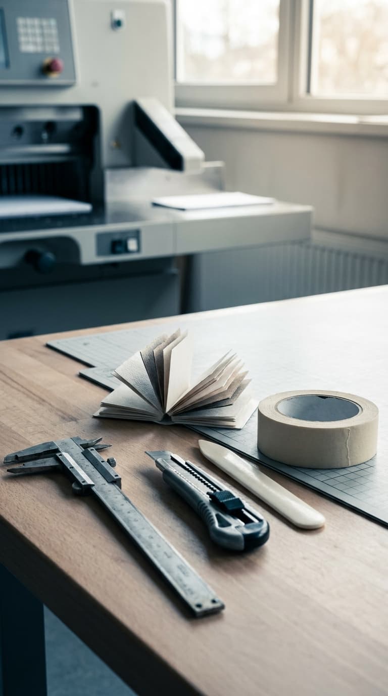 Messschieber, Cutter, Falzbein und Klebeband liegen neben einem kleinen Heft auf einem Tisch in einer Buchbinderei.