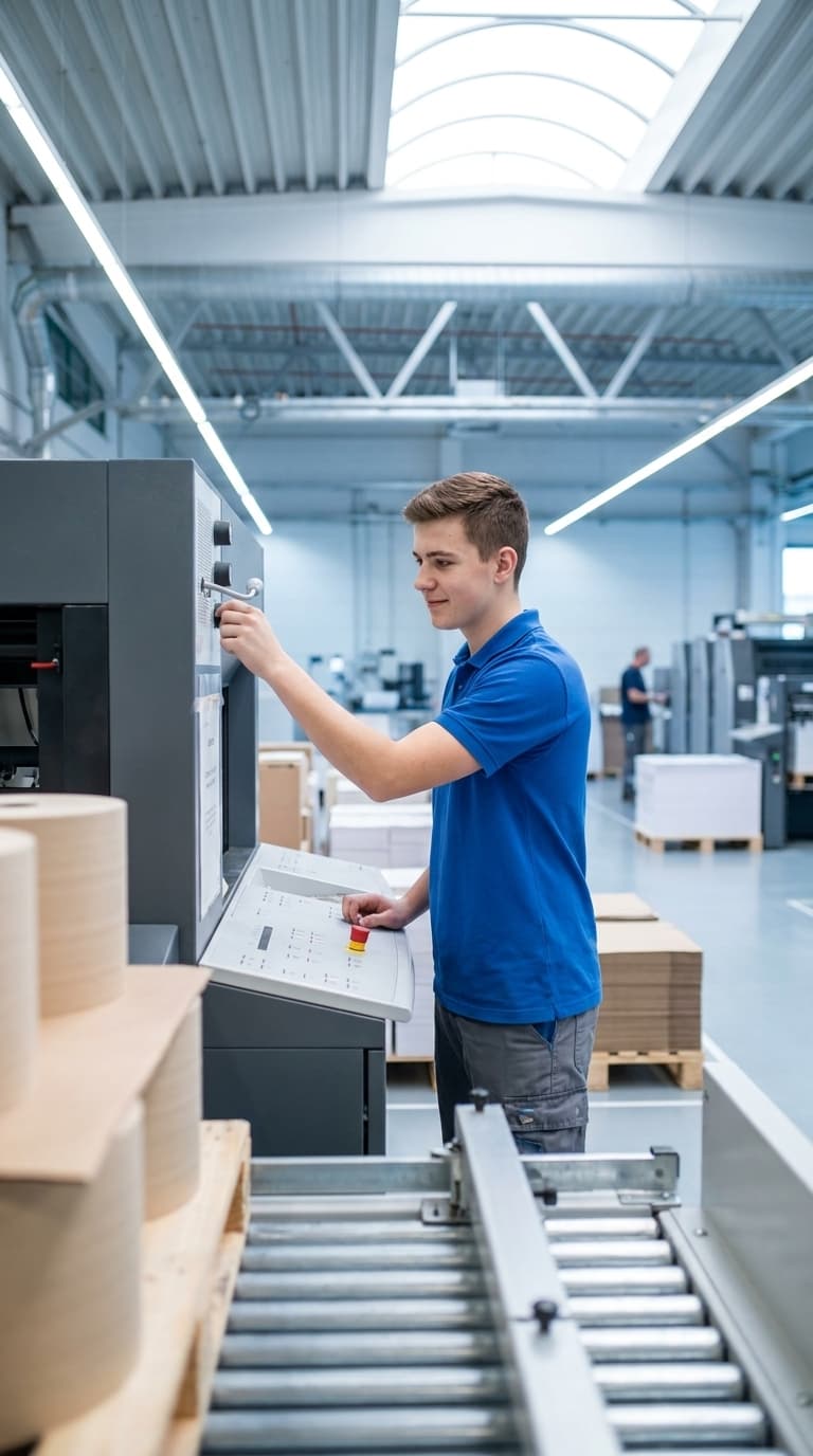 Ein Lehrling bedient das Bedienfeld einer großen Druckmaschine in einer hellen Werkshalle.