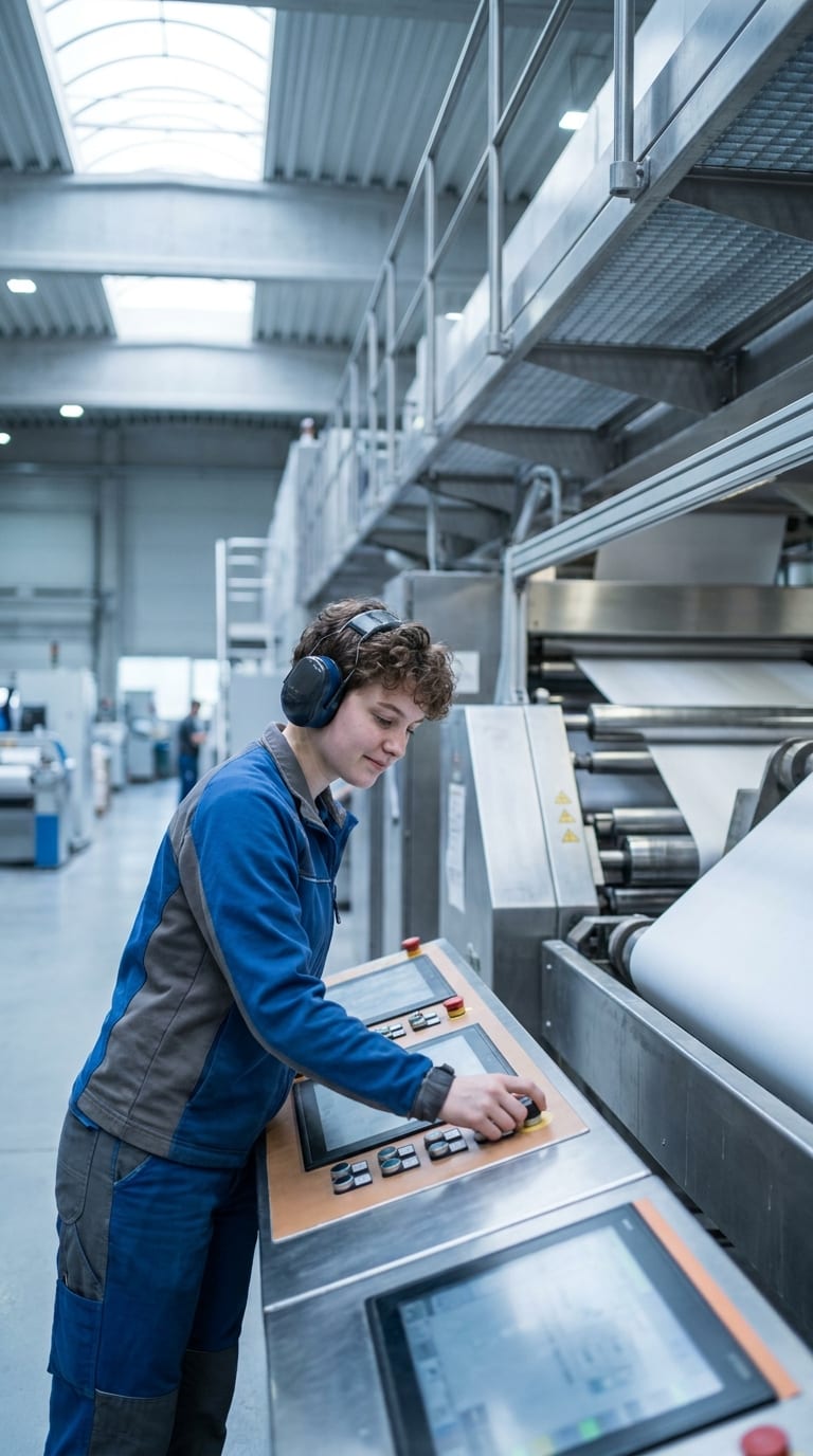 Eine Arbeiterin mit Gehörschutz bedient das Steuerpult einer großen Papiermaschine in einer Industriehalle.