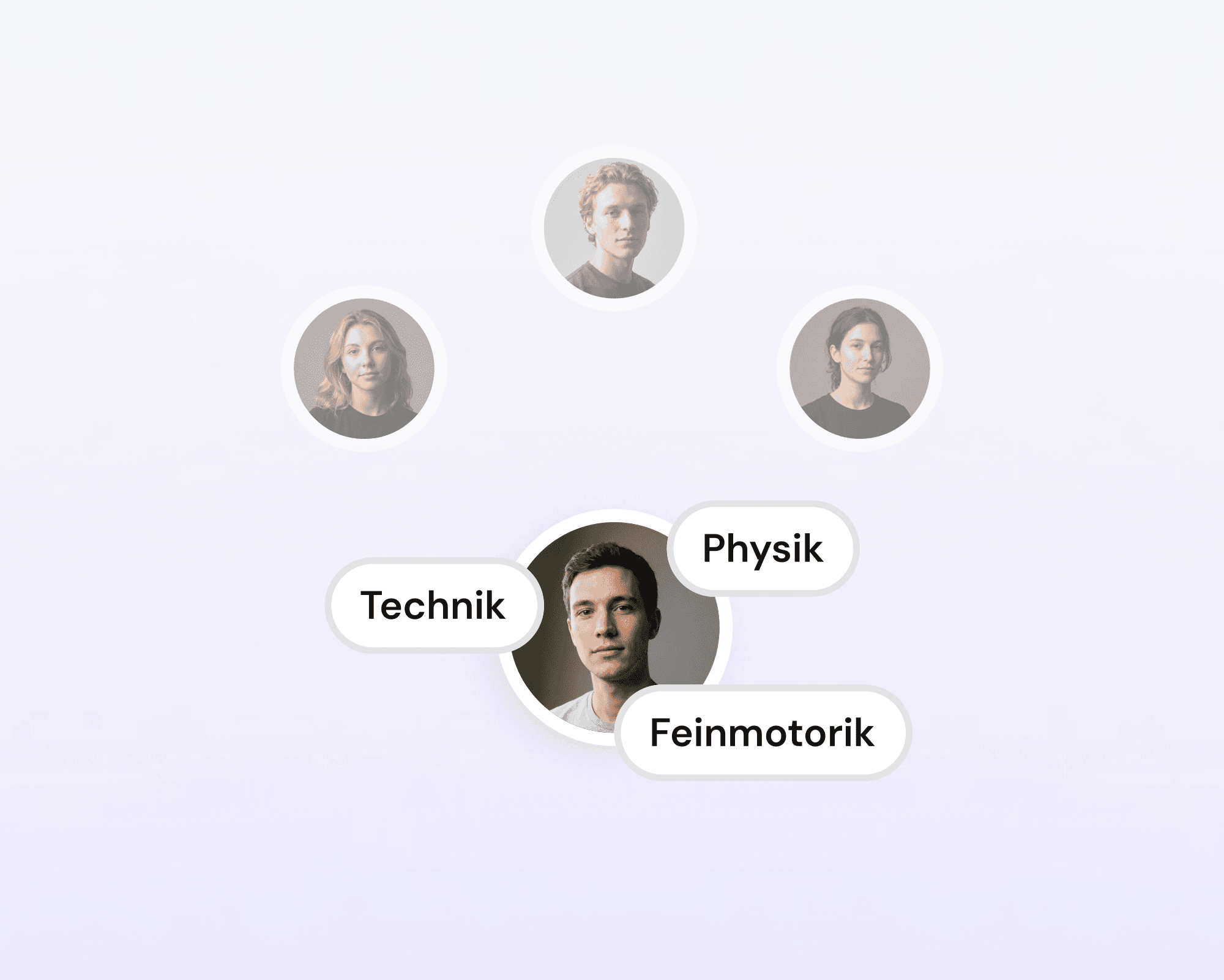 Vier Porträts junger Menschen, das untere beschriftet mit Technik, Physik und Feinmotorik.