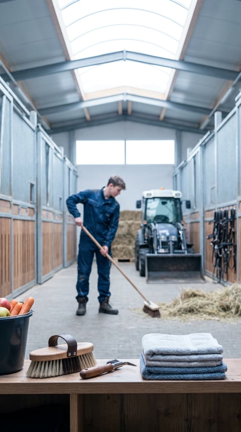 Ein Lehrling fegt die Stallgasse eines Pferdestalls; im Vordergrund liegen Pferdebürste, Hufkratzer und Handtücher.