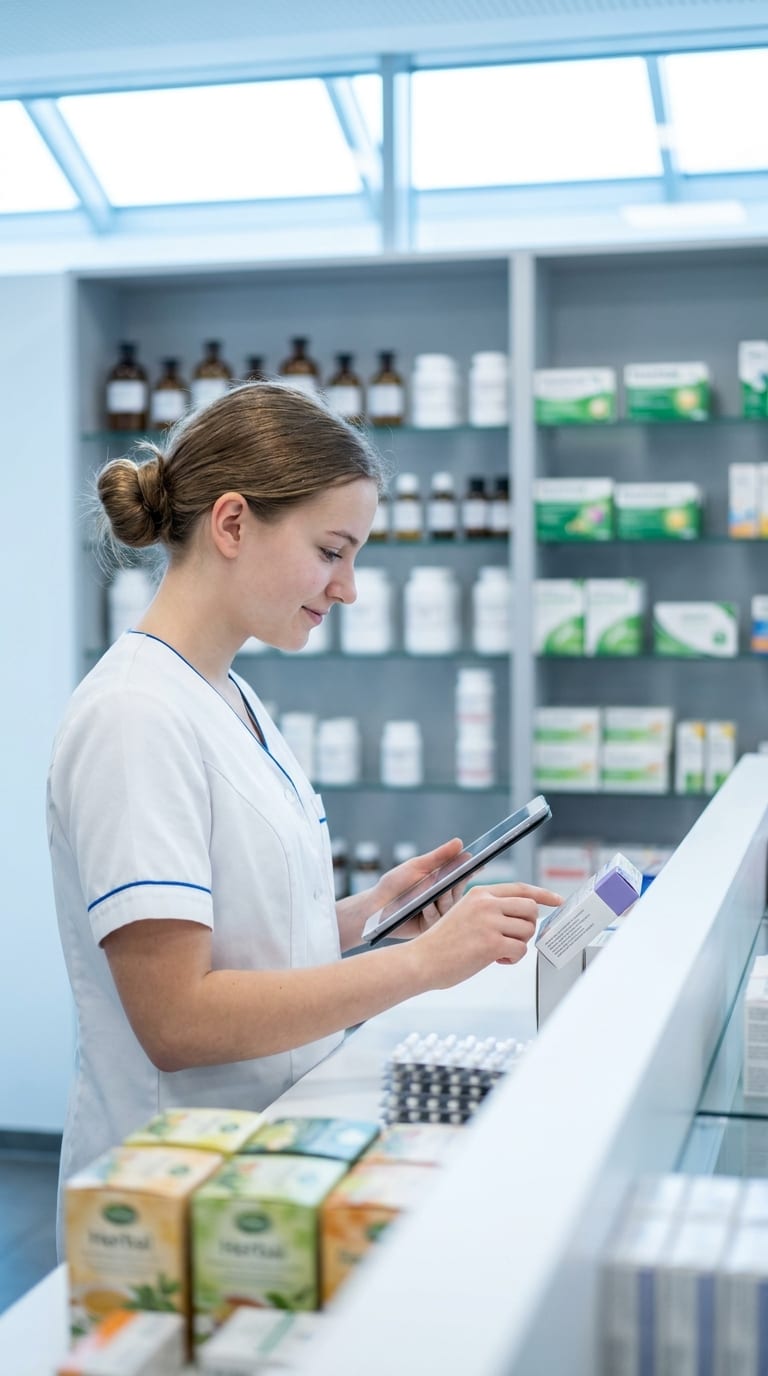 Eine Apothekerin prüft mit einem Tablet Medikamentenschachteln in einer Apotheke.