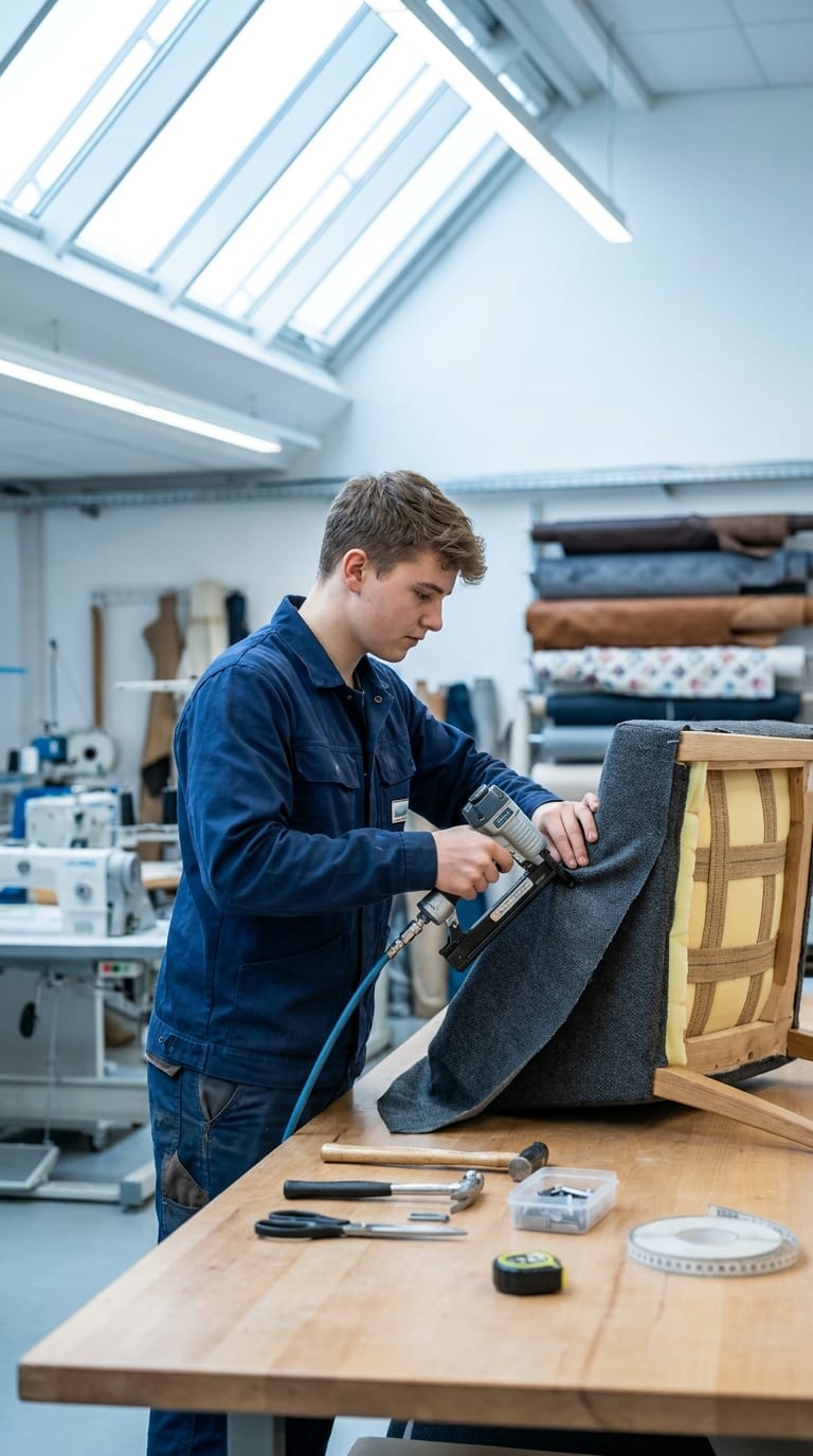 Ein junger Polsterer befestigt mit einem Drucklufttacker grauen Stoff an einem Sesselgestell in einer Werkstatt.