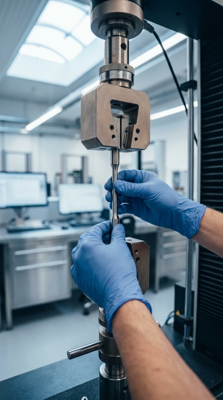 Eine Fachkraft spannt mit blauen Handschuhen eine Metallprobe in eine Zugprüfmaschine im Labor ein.