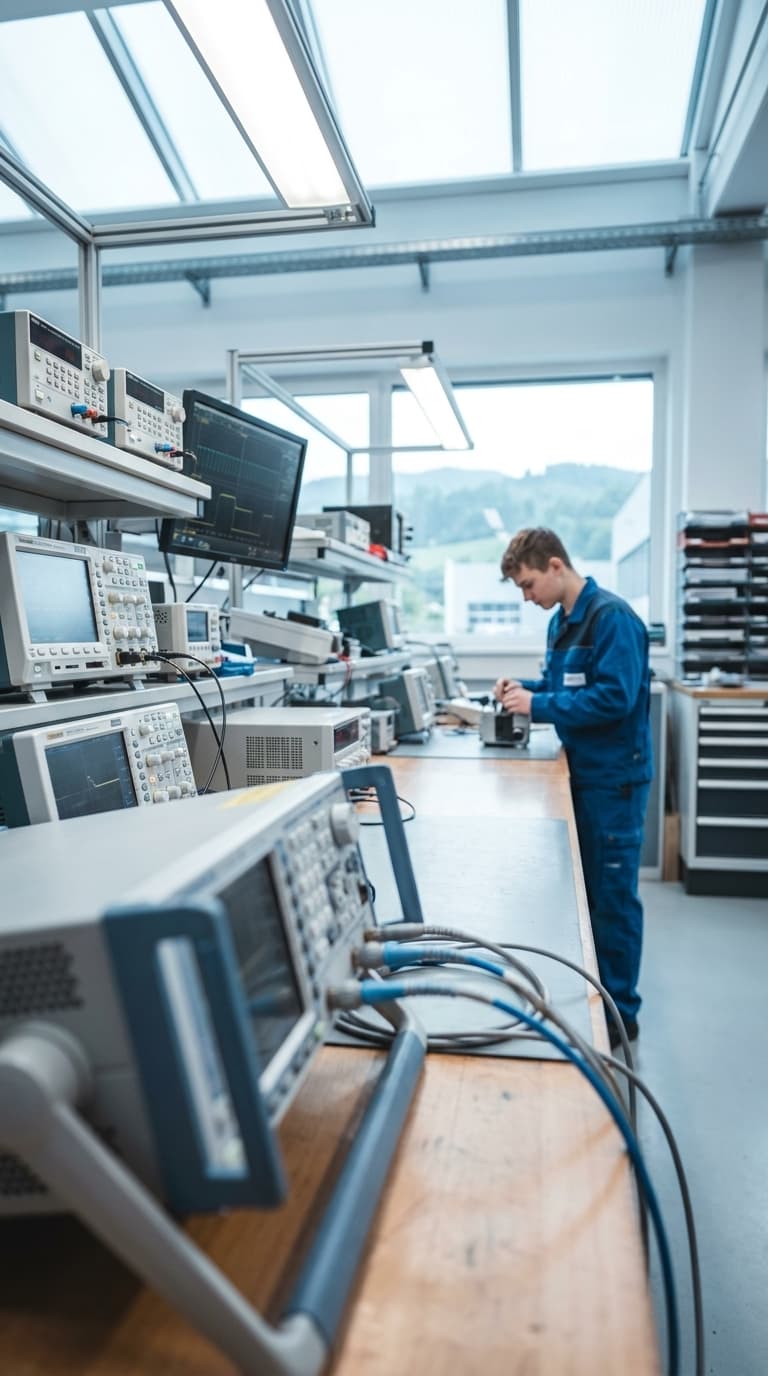 Ein Lehrling in blauer Arbeitskleidung arbeitet an einem Tisch voller Messgeräte in einer Elektronikwerkstatt.