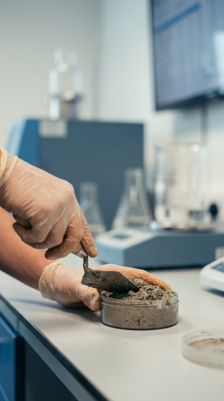 Eine Person in Handschuhen füllt eine graue Betonprobe mit einer kleinen Kelle in ein Gefäß im Labor.