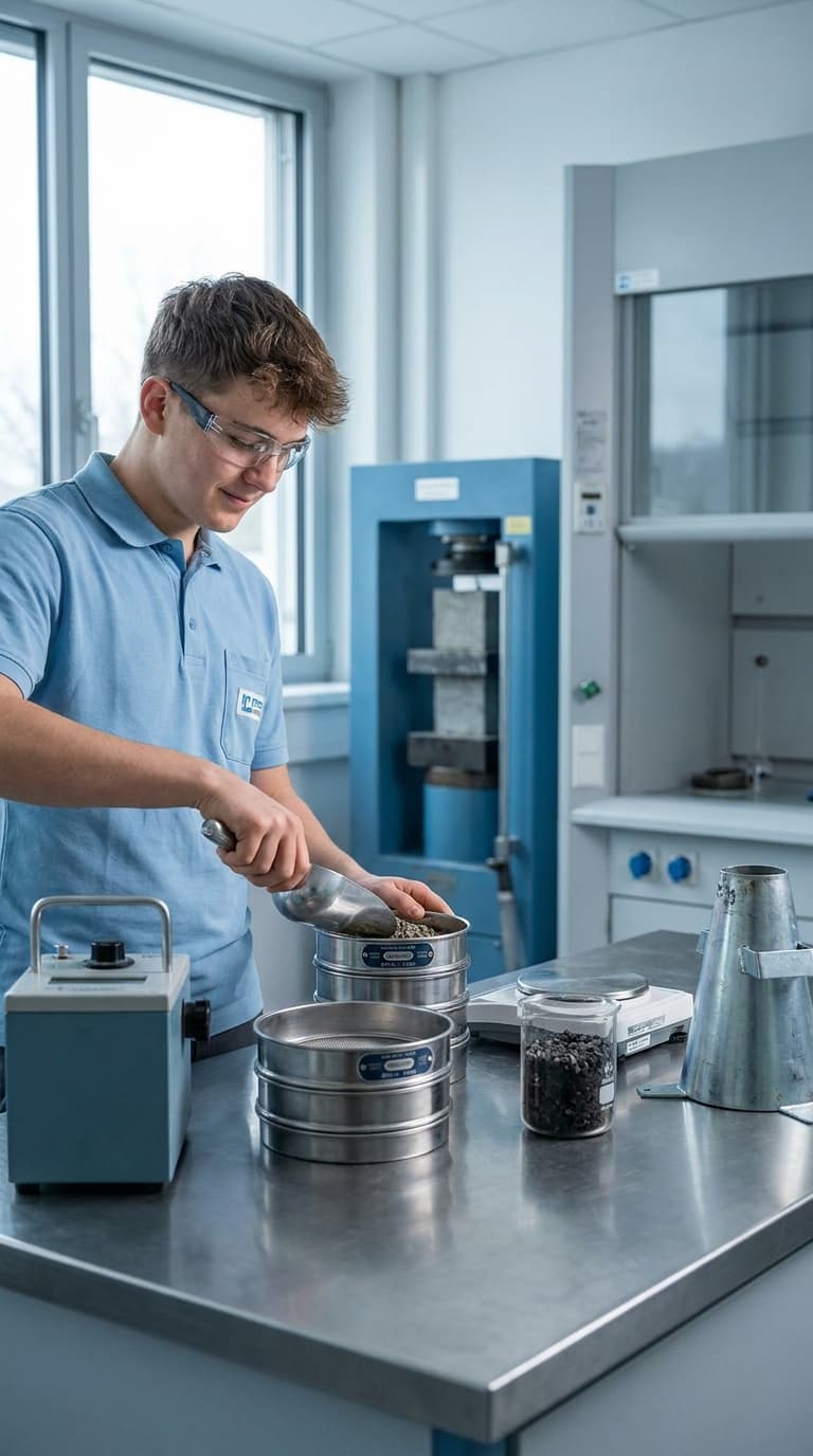 Ein Baustoffprüfer im Labor füllt Kies mit einer Schaufel in ein Laborprüfsieb.