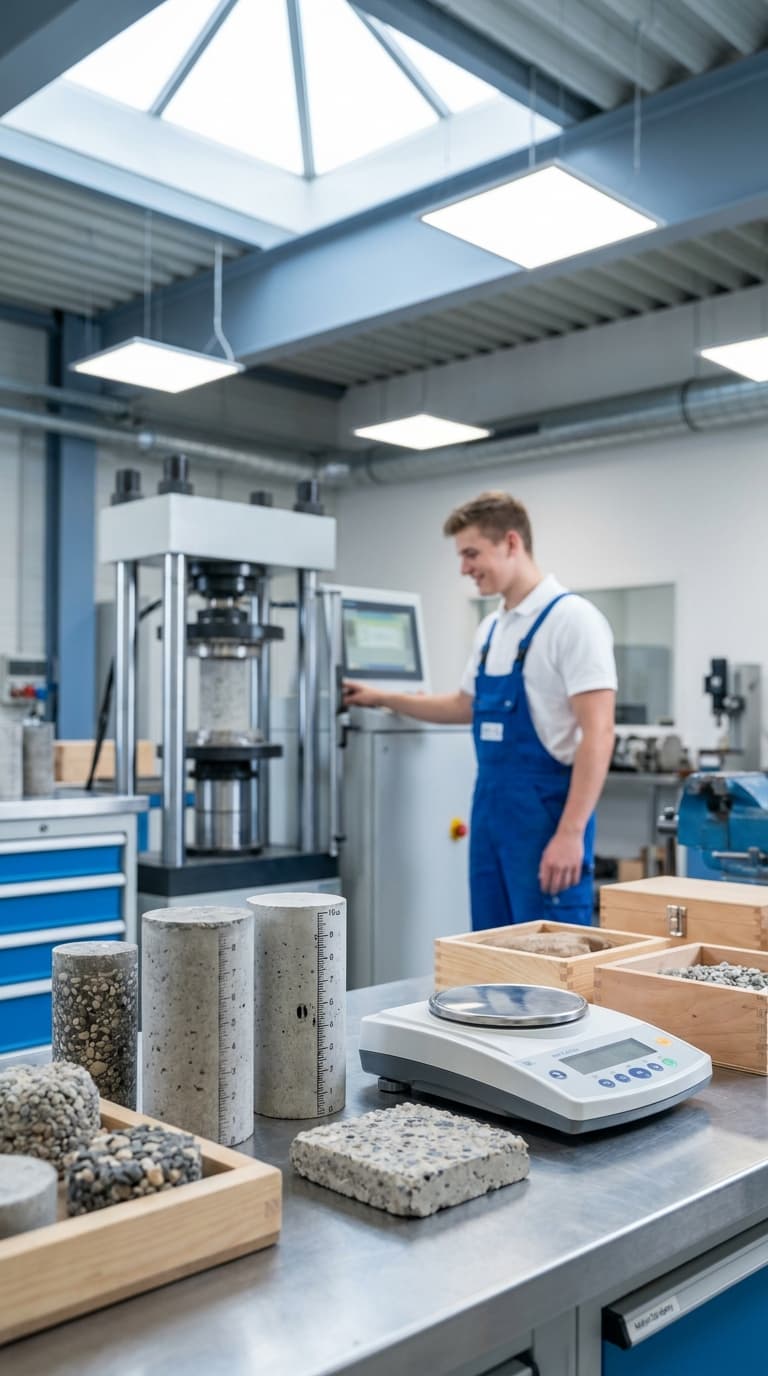 Ein Baustoffprüfer bedient im Labor eine Prüfmaschine, auf dem Tisch davor liegen Betonproben und eine Waage.