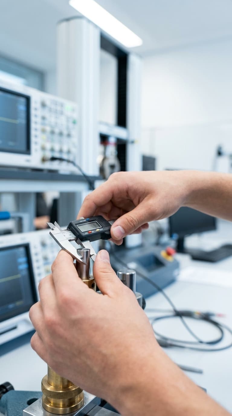 Hände messen ein zylindrisches Werkstück mit einem digitalen Messschieber im Labor.