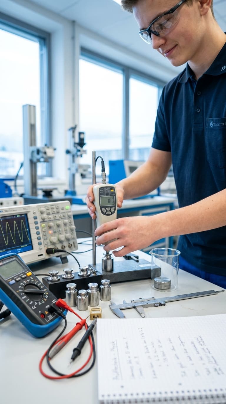 Ein Lehrling nutzt ein digitales Handmessgerät an einem Versuchsaufbau im Labor.
