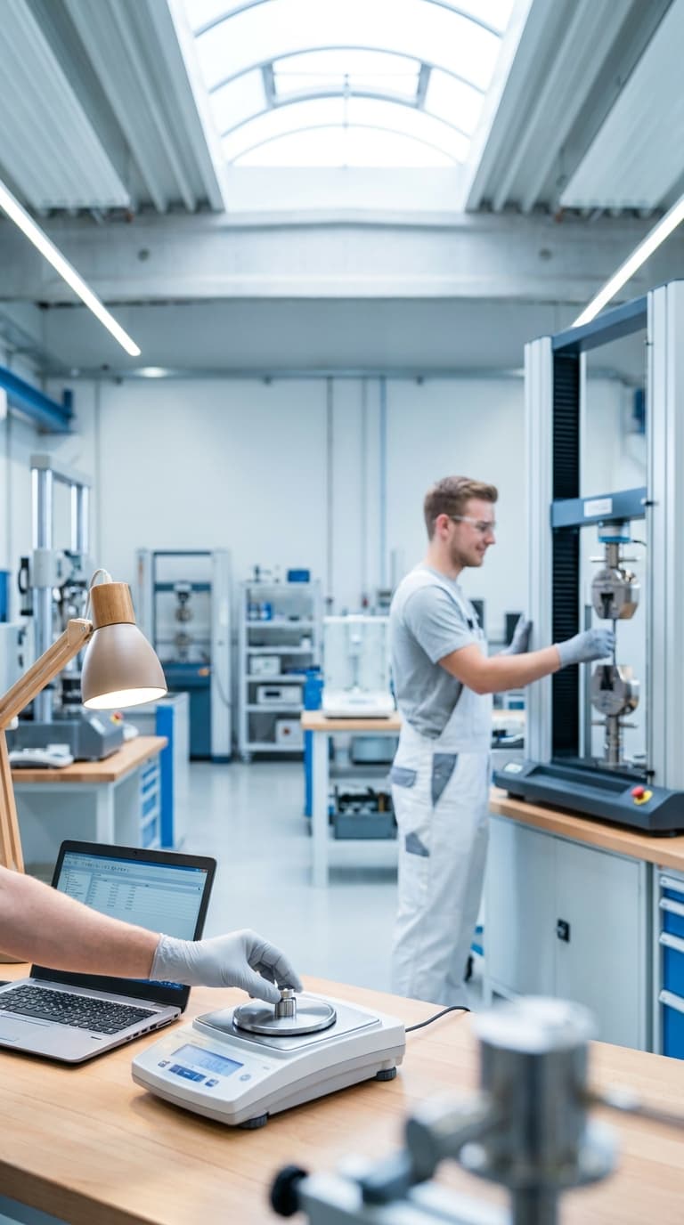 Werkstoffprüfer bedient Zugprüfmaschine im Labor, während im Vordergrund eine Präzisionswaage genutzt wird.