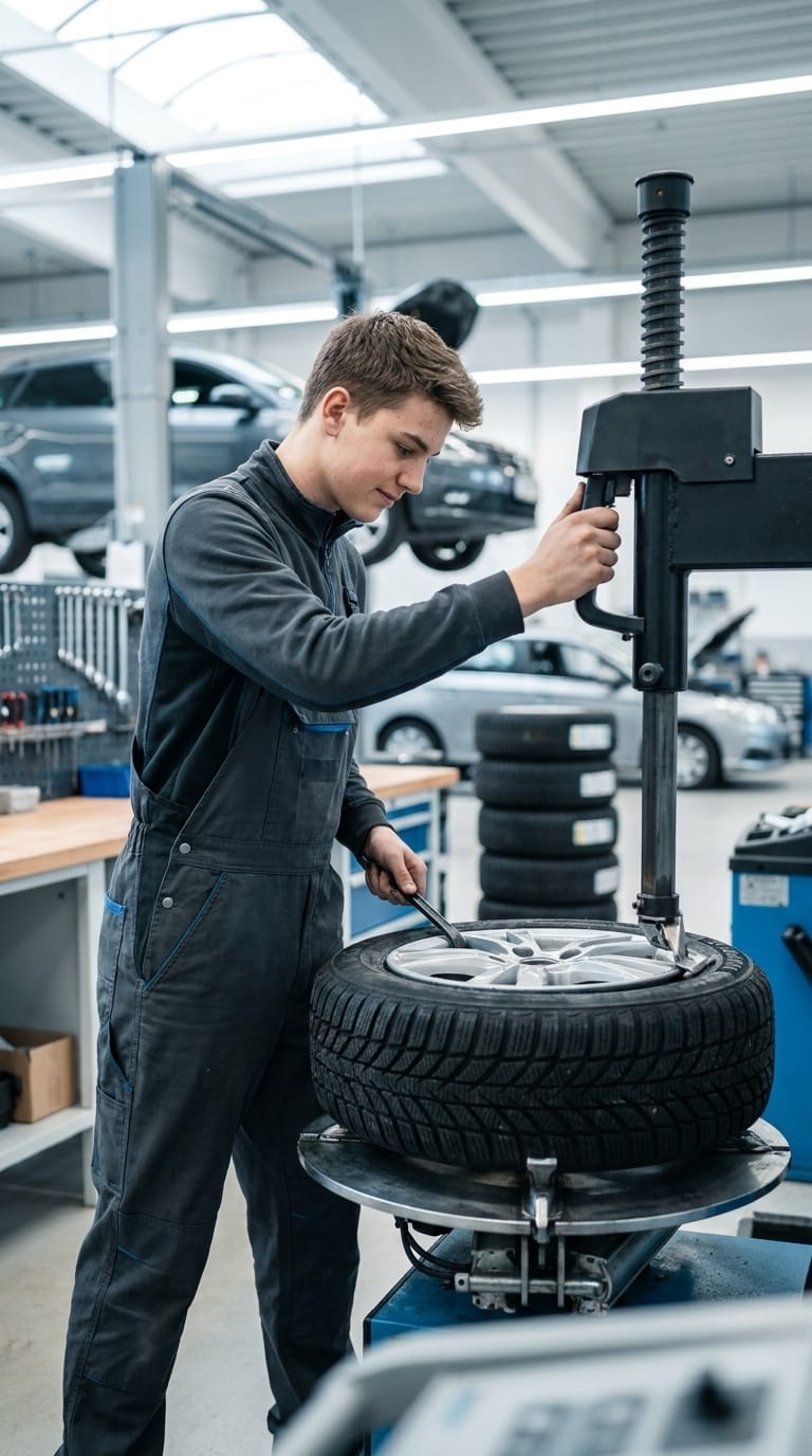 Ein Kfz-Mechatroniker wechselt in einer Werkstatt einen Reifen an einer Montiermaschine.