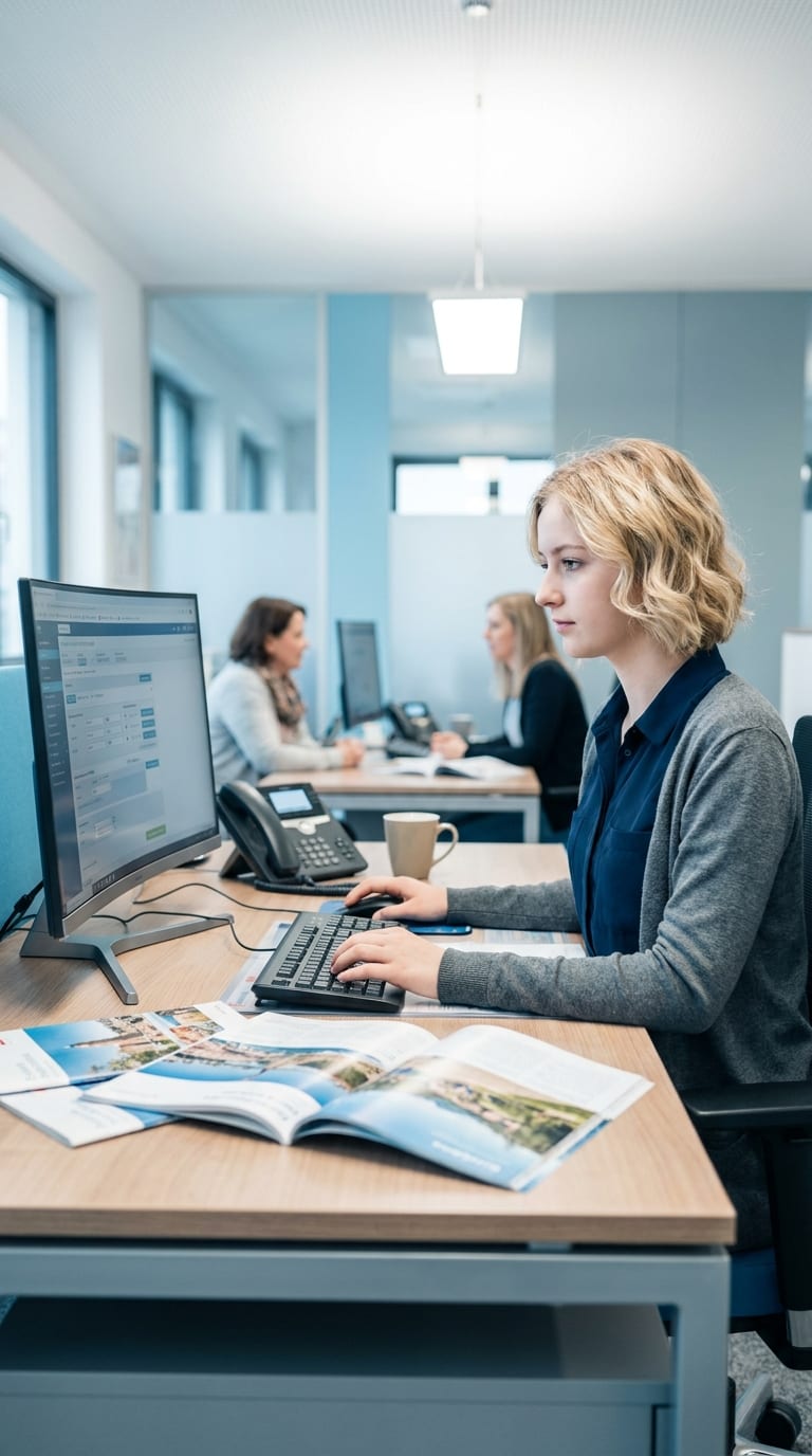 Eine Büroangestellte arbeitet am Computer, auf ihrem Schreibtisch liegen geöffnete Prospekte.