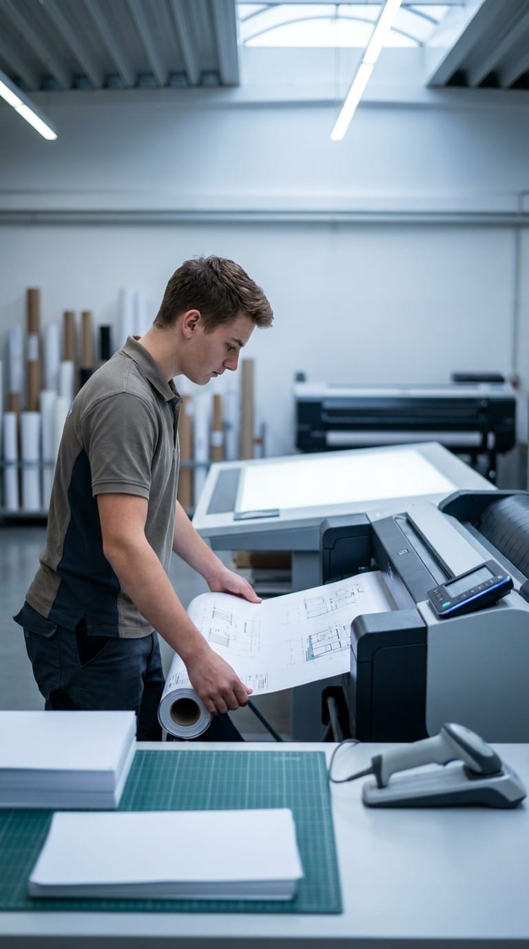 Ein Lehrling prüft einen frisch gedruckten Bauplan an einem Großformatdrucker.